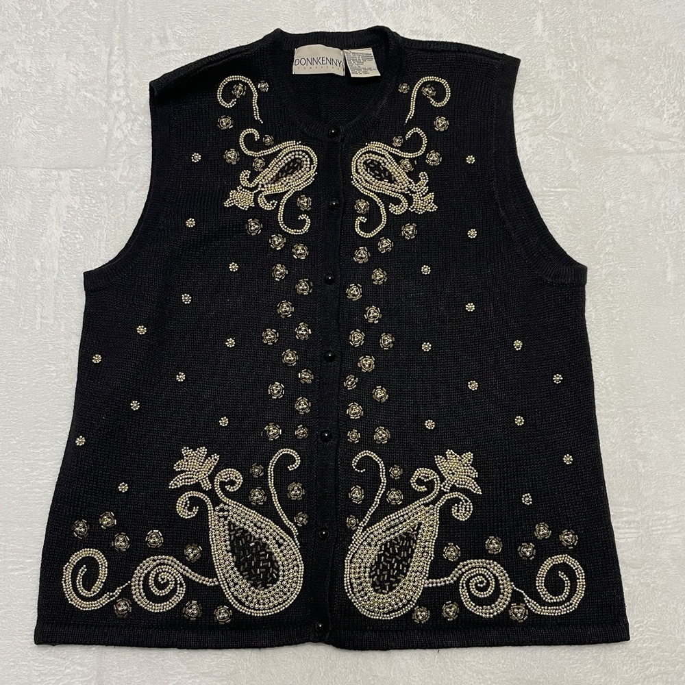 Vtg Donnkenny Embroidered Button Vest Sweater Womens L Beads Pockets Party Y2K - Picture 11 of 11